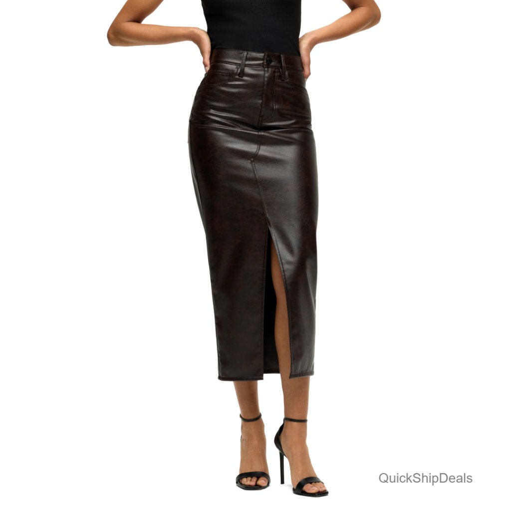 High-Rise Midi Skirt With Front Slit, Vegan Leather, Below Knee Length
